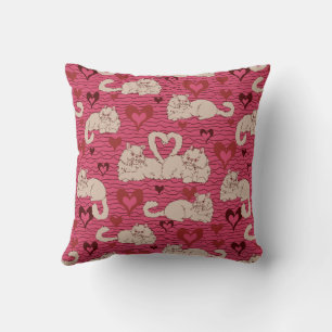 Love Tail of Cats with Heart and Stripes Pink Throw Pillow