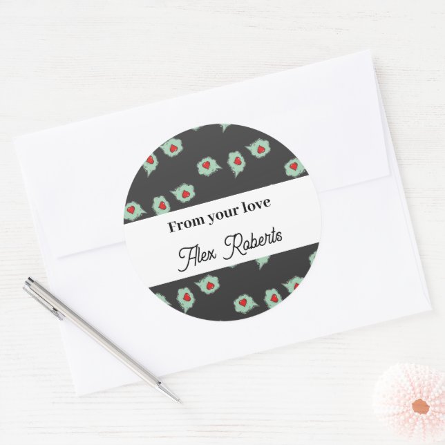 Love talks pattern on grey classic round sticker (Envelope)