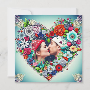 Love Teal and Red Floral Heart with Couple's Pic