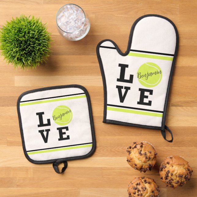 Love Tennis Ball Personalized Name Oven Mitt & Pot Holder Set (Top Down)