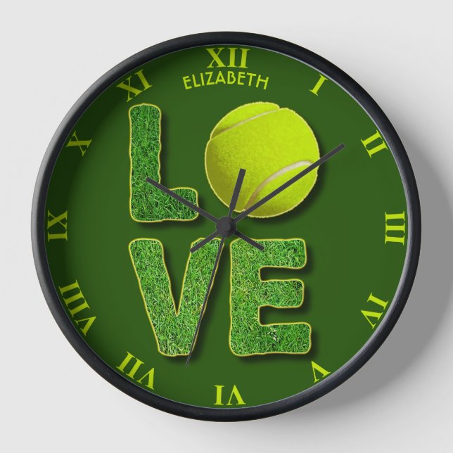 Love Tennis Yellow Ball Green Grass Letters Clock (Front)
