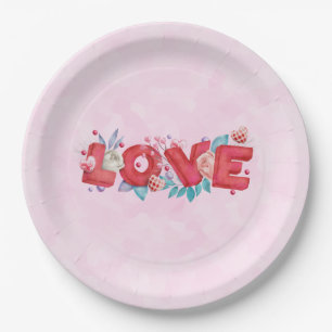 Love Text Bold Block Font Watercolor Paper Plate