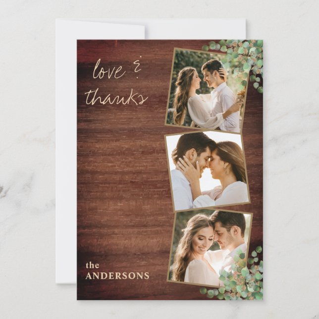 Love & Thanks 3 Photo Botanical Greenery Wedding Thank You Card (Front)