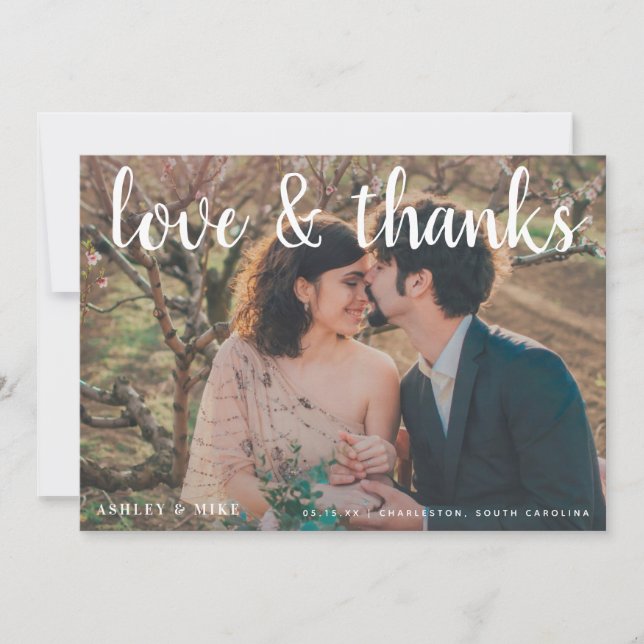 LOVE & THANKS | 4 Photo Black & White Wedding Thank You Card (Front)