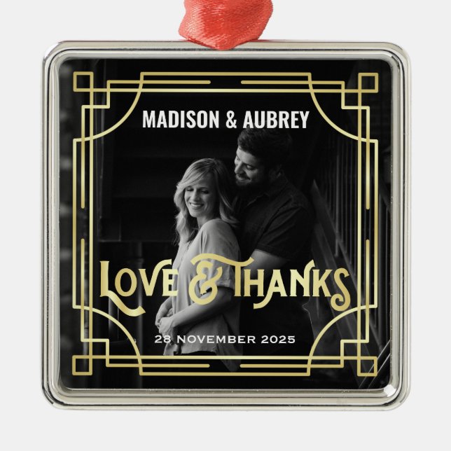 Love & Thanks Art Deco Wedding Gold Add Your Photo Metal Ornament (Front)