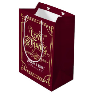 Love & Thanks Art Deco Wedding Gold Burgundy Medium Gift Bag