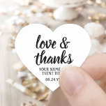 Love & Thanks Black & White Simple Elegant Script Heart Sticker<br><div class="desc">Add a personalized touch to party favours, decorations, and thank you notes with custom "love and thanks" heart-shaped stickers. All wording on this template is simple to customize for envelope seals or gift tags. The black and white design features modern script calligraphy and stylish typography event name and date. These...</div>