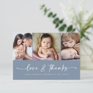 Love & Thanks   Blue Modern Three Photo New Baby  Thank You Card