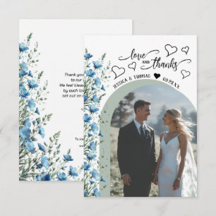 Love Thanks Blue Wildflowers Photo QR Code Wedding Thank You Card