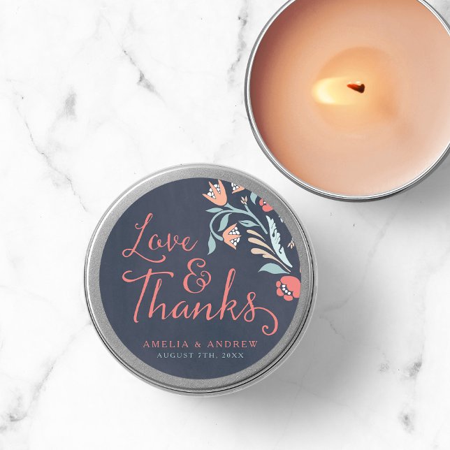 Love & Thanks Bluish Chalkboard Floral Wedding Classic Round Sticker (Creator Uploaded)