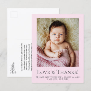 Love & Thanks Blush Pink Baby Photo announcement Postcard
