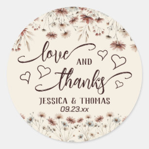 Love & Thanks Boho Wildflowers Earthtone Wedding Classic Round Sticker