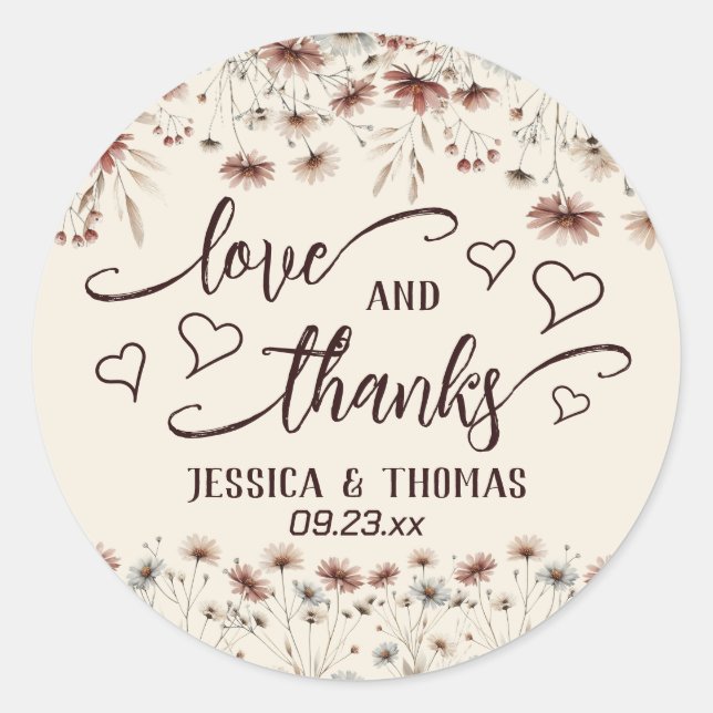 Love & Thanks Boho Wildflowers Earthtone Wedding Classic Round Sticker (Front)