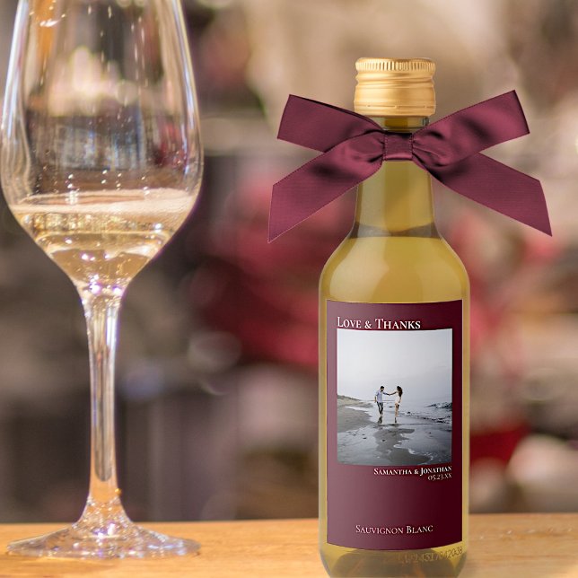 Love & Thanks Burgundy Wedding Photo Mini Wine Label (Creator Uploaded)