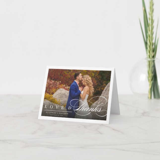Love & Thanks Chic Script Photo Wedding Thank You Note Card (Front)