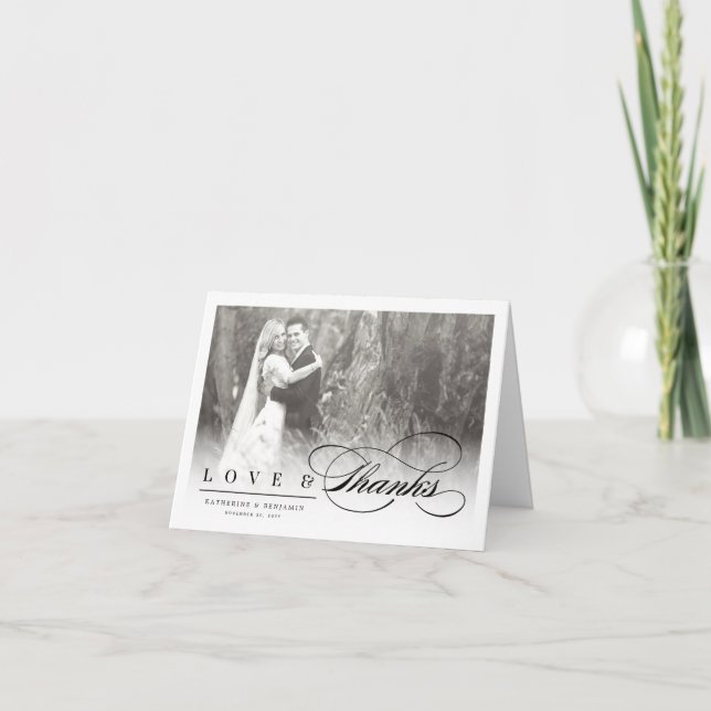Love & Thanks Chic Script Photo Wedding Thank You Note Card (Front)