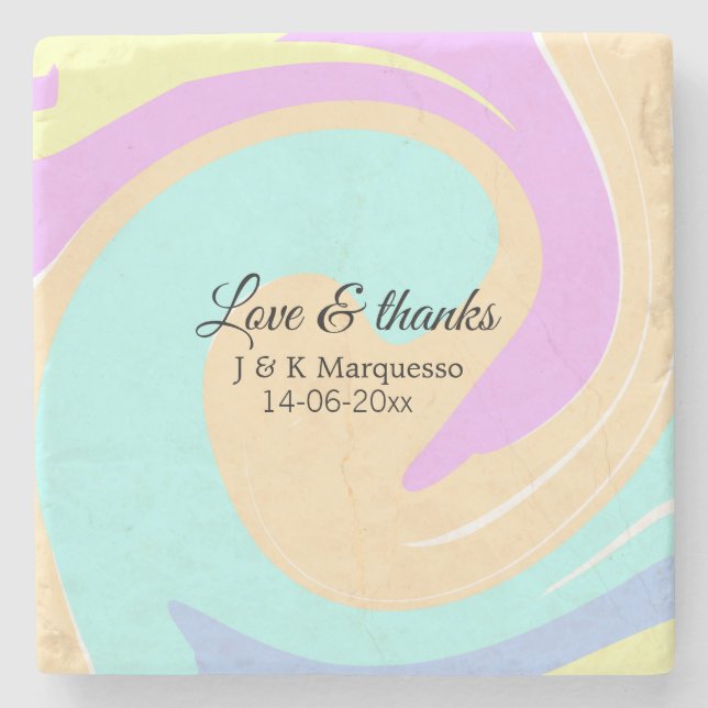 Love & thanks colourful marble wedding name stone coaster (Front)