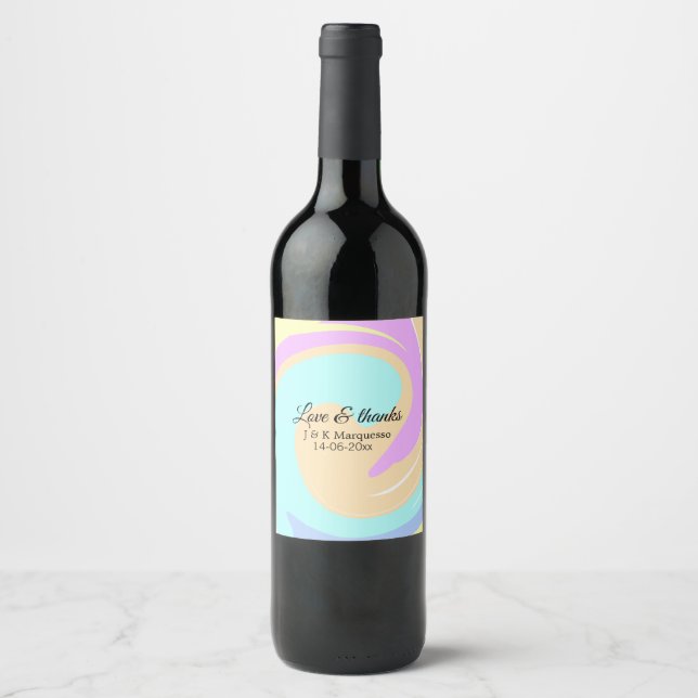 Love & thanks colourful marble wedding name wine label (Front)