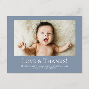 Love & Thanks Dusty blue 1 Baby Photo announcement Postcard