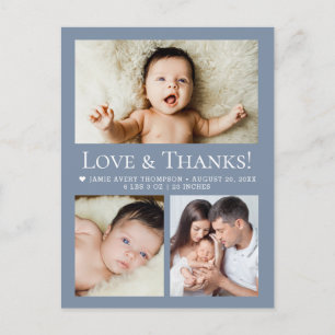 Love & Thanks Dusty blue Baby Photo Collage birth Postcard