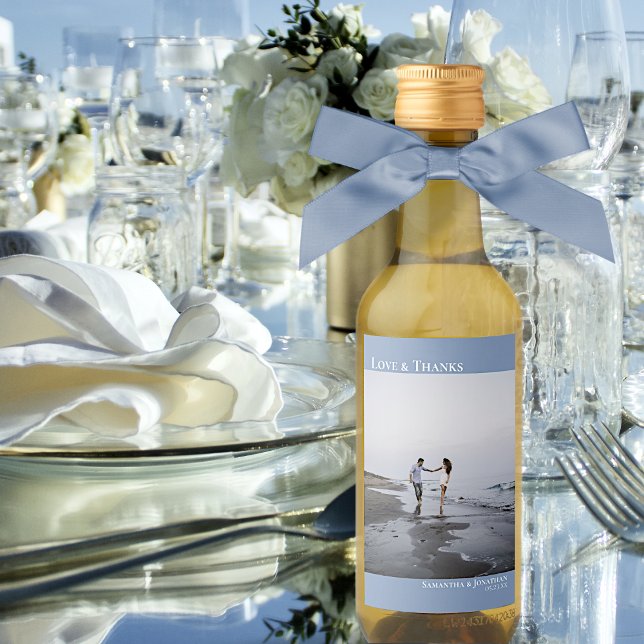 Love & Thanks Dusty Blue Simple Wedding Photo Mini Wine Label (Creator Uploaded)