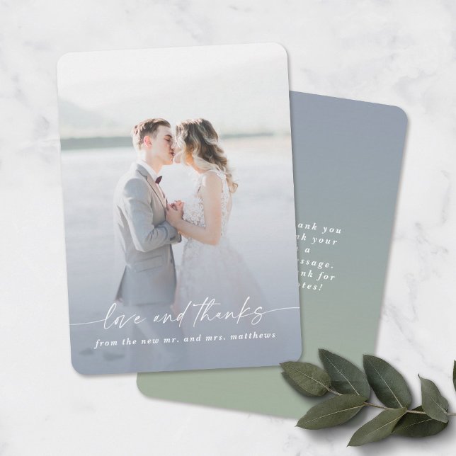 Love & Thanks Dusty Blue Wedding Photo Overlay Thank You Card (Creator Uploaded)