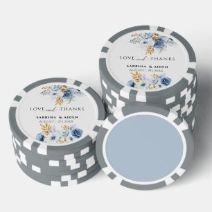 Love & Thanks Dusty Blue White Gold Floral Wedding Poker Chips