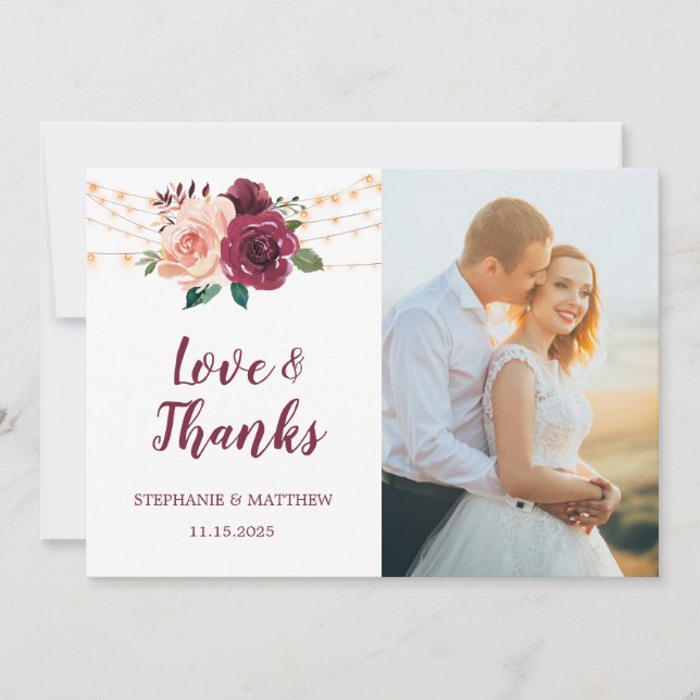 Love & Thanks Dusty Rose Burgundy Wedding Photo Thank You Card (Front)