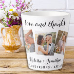 Love & Thanks Elegant 3 Photo Bride Groom Wedding Latte Mug<br><div class="desc">Add the finishing touch to your wedding with these fun custom photo latte mugs. Perfect as wedding favours to all your guests . Customize these wedding favours with your favourite wedding photo, newlywed photo, and personalize with name and date. See our wedding collection for matching wedding favours, newlywed gifts, and...</div>