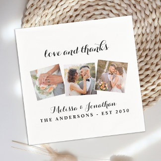 Love & Thanks Elegant 3 Photo Bride Groom Wedding Napkin