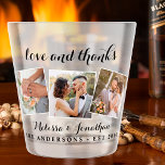 Love & Thanks Elegant 3 Photo Bride Groom Wedding Shot Glass<br><div class="desc">Add the finishing touch to your wedding with these fun custom photo shot glasses. Perfect as wedding favours to all your guests . Customize these wedding favours with your favourite wedding photo, newlywed photo, and personalize with name and date. See our wedding collection for matching wedding favours, newlywed gifts, and...</div>
