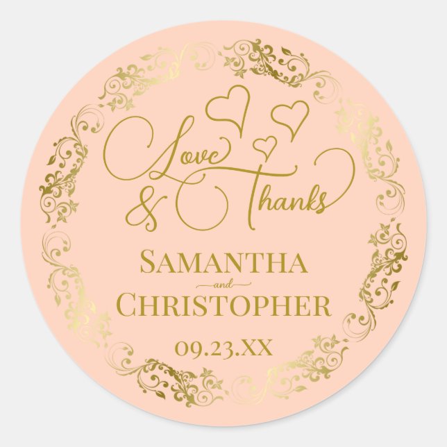 Love & Thanks Elegant Blush Peach & Gold Wedding Classic Round Sticker (Front)