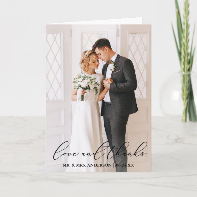 Love Thanks Elegant Calligraphy Wedding Photo Fold Thank You Card (Front)