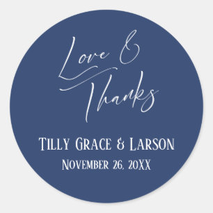 Love & Thanks Elegant Handwriting Navy Blue Classic Round Sticker