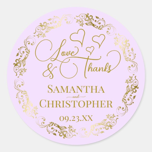 Love & Thanks Elegant Lilac Purple & Gold Wedding Classic Round Sticker (Front)