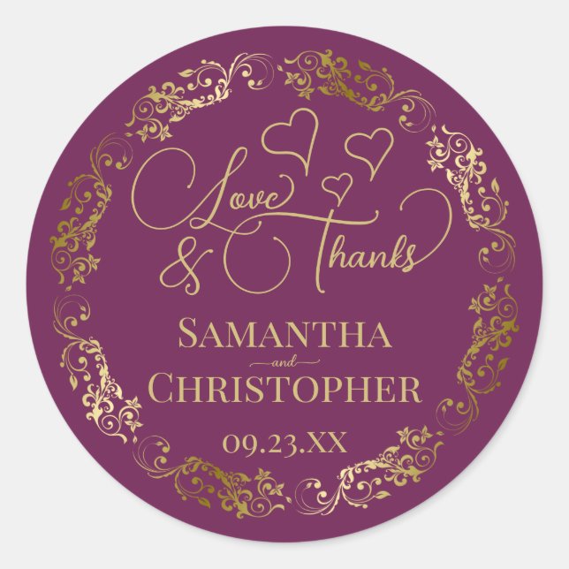 Love & Thanks Elegant Magenta Plum & Gold Wedding Classic Round Sticker (Front)