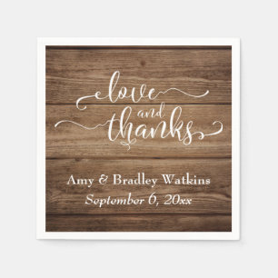 Love & Thanks Elegant White Script on Rustic Wood Napkin