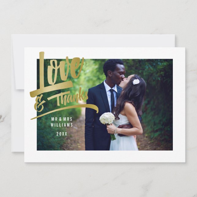 Love & Thanks | Faux Gold Foil | Wedding Photo Thank You Card (Front)