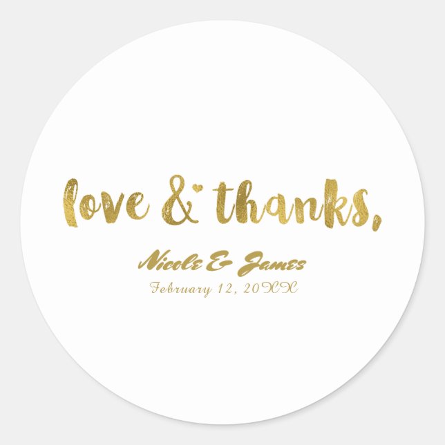 Love & Thanks Gold Modern Chic Wedding Favour Classic Round Sticker (Front)