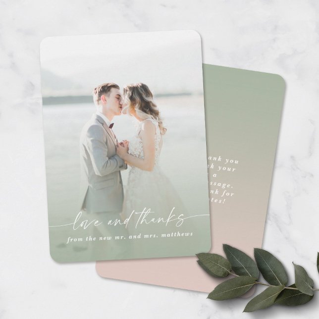 Love & Thanks Green & Pink Wedding Photo Overlay Thank You Card (Creator Uploaded)
