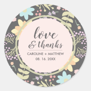 Love & Thanks. Grey Pink Modern Floral Wedding Classic Round Sticker