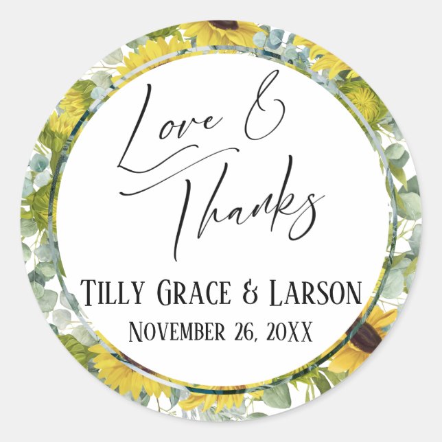 Love & Thanks Handwriting Sunflower Eucalyptus Classic Round Sticker (Front)