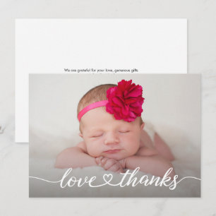 Love & Thanks Heart script Newborn Photo Baby Girl Thank You Card