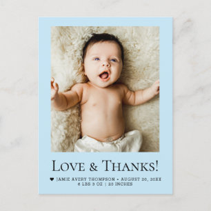Love & Thanks Light blue Baby Photo announcement Postcard