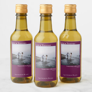 Love & Thanks Magenta or Berry Wedding Photo Mini Wine Label