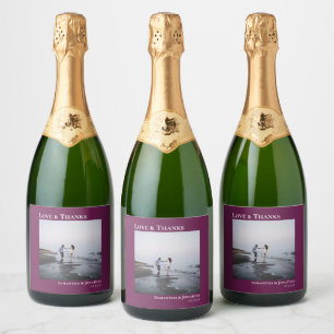 Love & Thanks Minimal Cassis Purple Photo Wedding Sparkling Wine Label