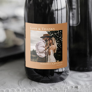 Love & Thanks Minimal Golden Tan Photo Wedding Sparkling Wine Label