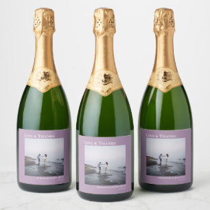 Love & Thanks Minimalist Lavender Photo Wedding Sparkling Wine Label