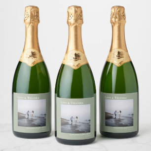 Love & Thanks Minimalist Sage Green Photo Wedding Sparkling Wine Label