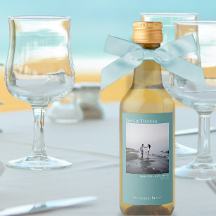 Love & Thanks Minimalist Teal Wedding Photo Mini Wine Label